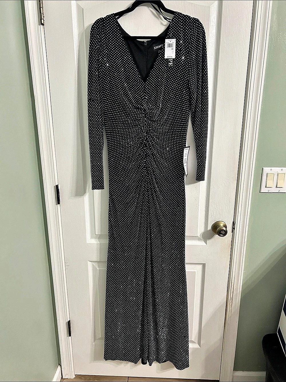 XSCAPE Devin Rhinestone Jersey Knit V-Neck Dress Black & Silver  studs. 14
